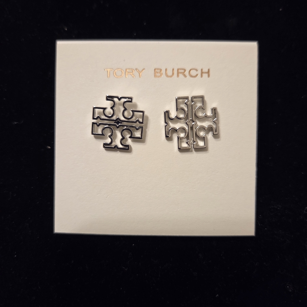 Tory Burch Britten Silver Logo Stud Earrings
